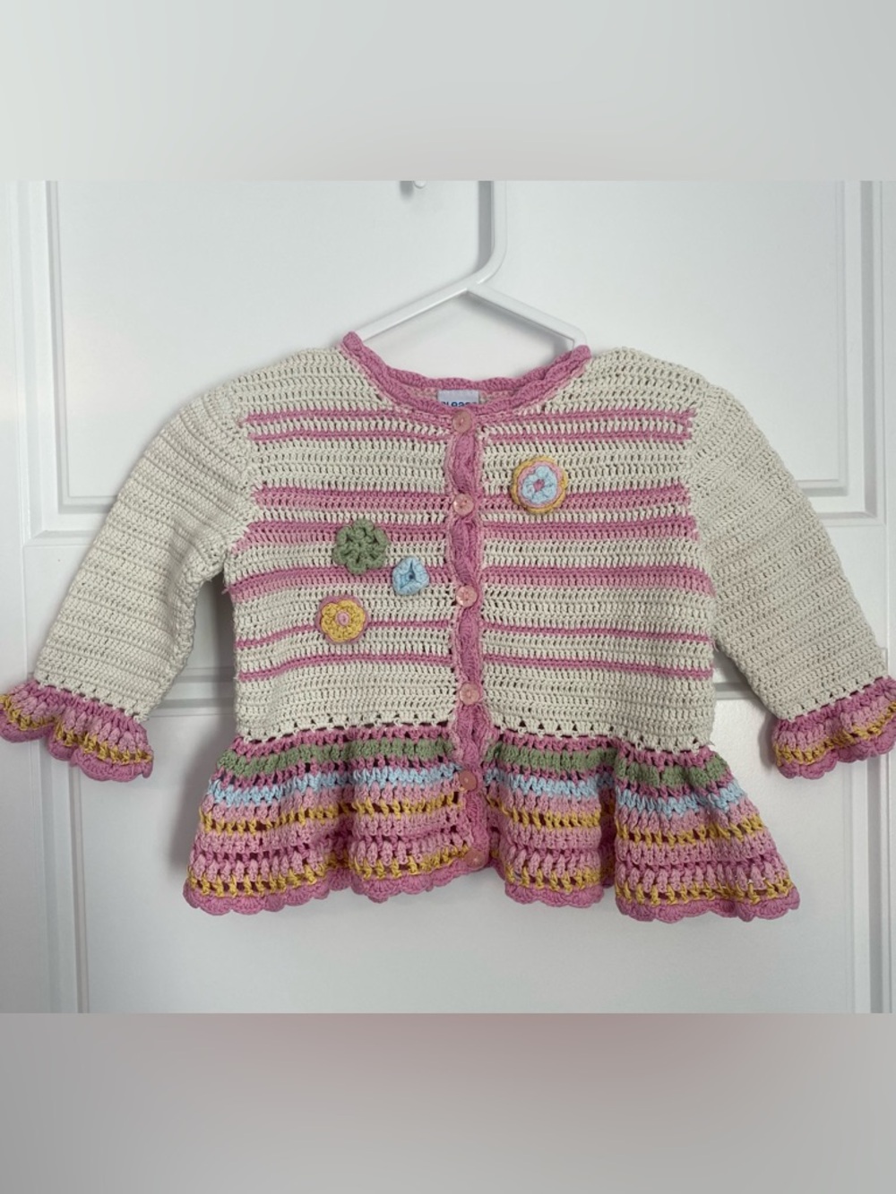 Vintage Please Mum Size 2T Crocheted Cardigan Floral Appliqués Button Front